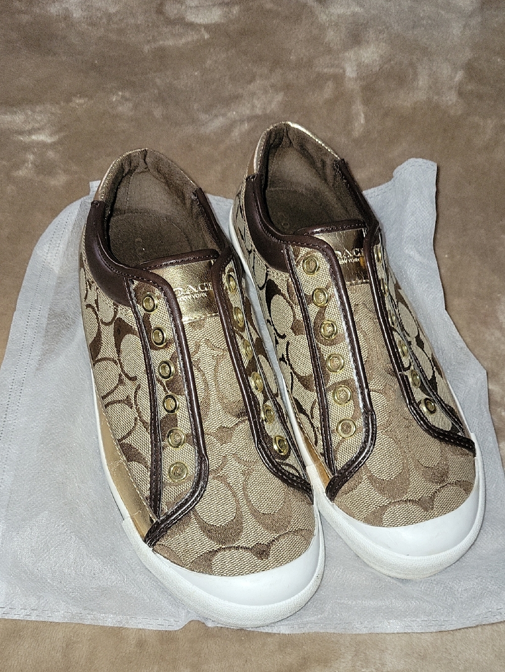 Coach Brown Signature Canvas Slip-Ons with Gold Accents